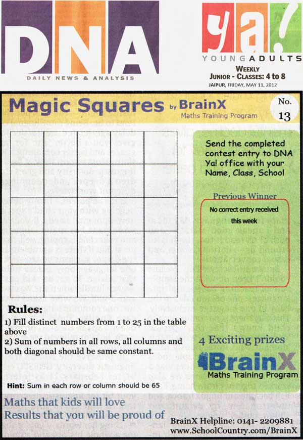 Number Singh Contest by BrainX Math Training Program published in DNA Ya! on 11-05-2012.