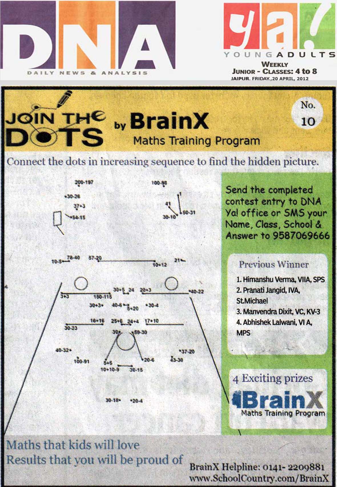 Number Singh Contest by BrainX Math Training Program published in DNA Ya! on 20-04-2012.
