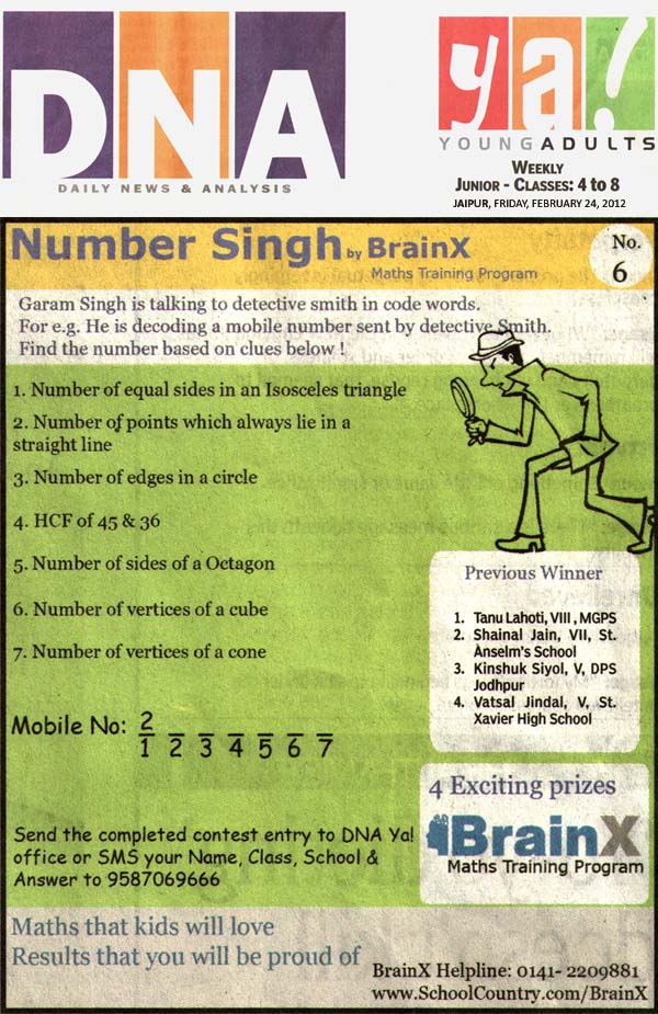 Number Singh Contest by BrainX Math Training Program published in DNA Ya! on 24-02-2012.
