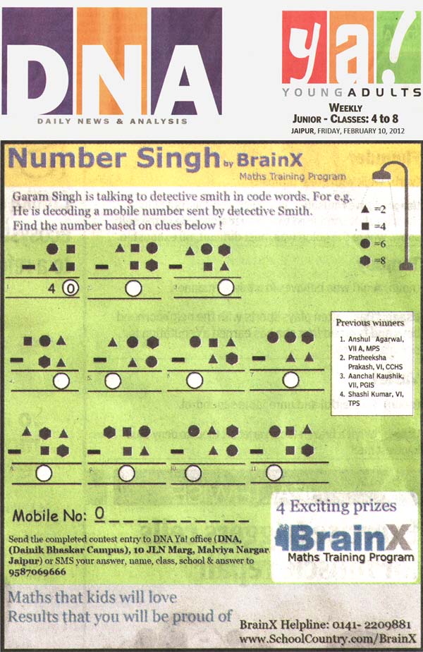 Number Singh Contest by BrainX Math Training Program published in DNA Ya! on 10-02-2012.