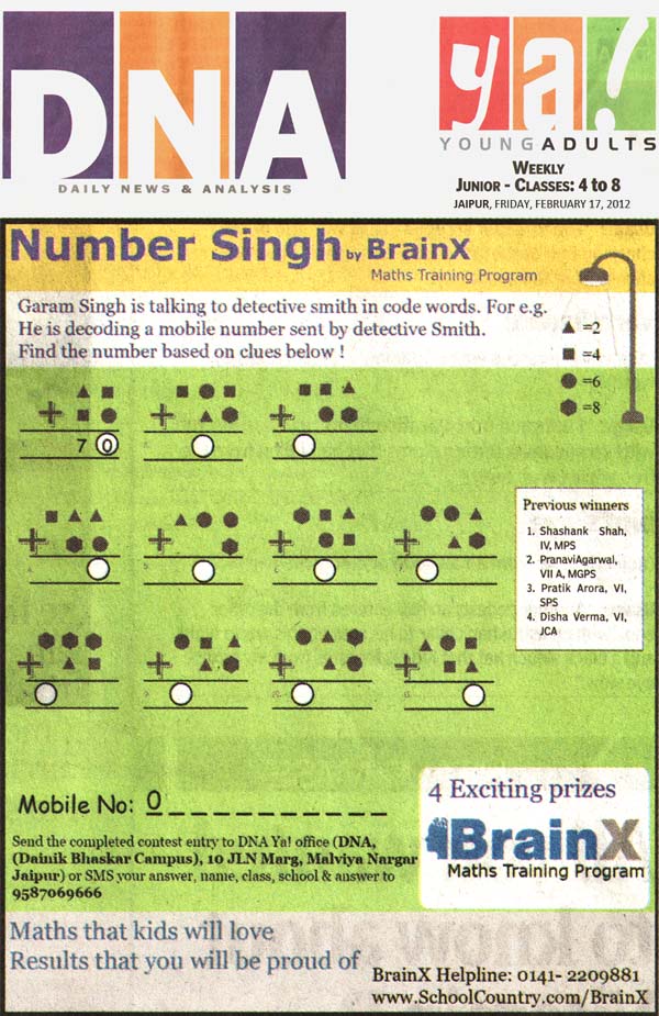 Number Singh Contest by BrainX Math Training Program published in DNA Ya! on 17-02-2012.