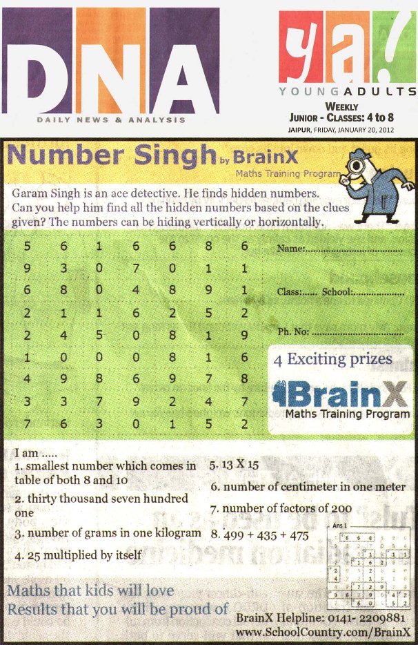 Number Singh Contest by BrainX Math Training Program published in DNA Ya! on 20-01-2012.