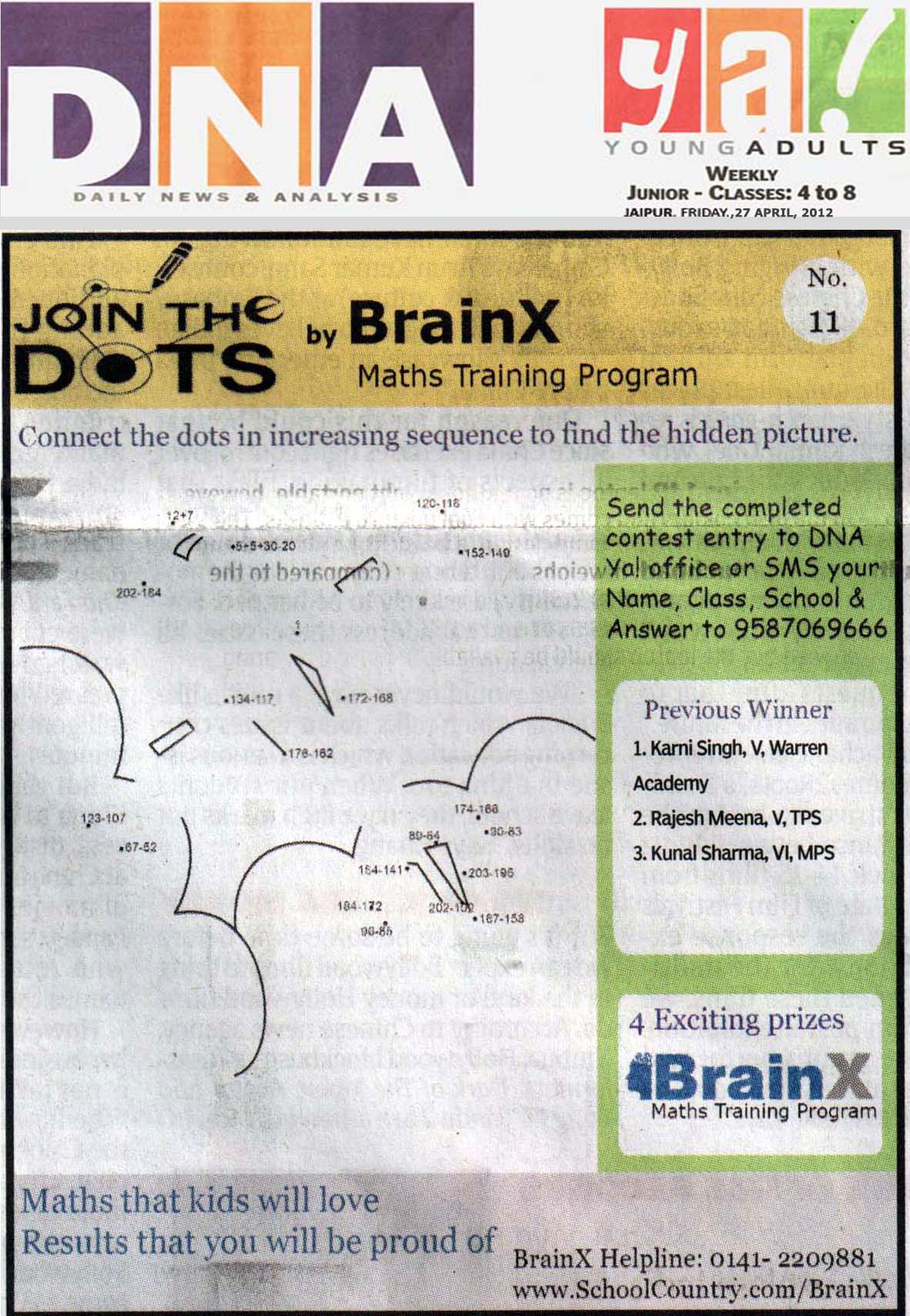 Number Singh Contest by BrainX Math Training Program published in DNA Ya! on 27-04-2012.