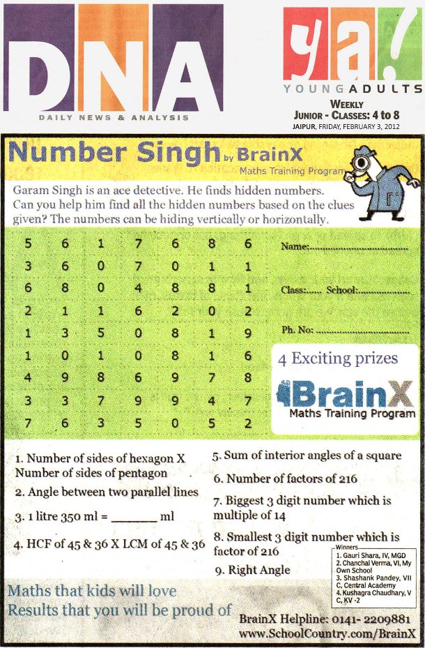 Number Singh Contest by BrainX Math Training Program published in DNA Ya! on 3-02-2012.