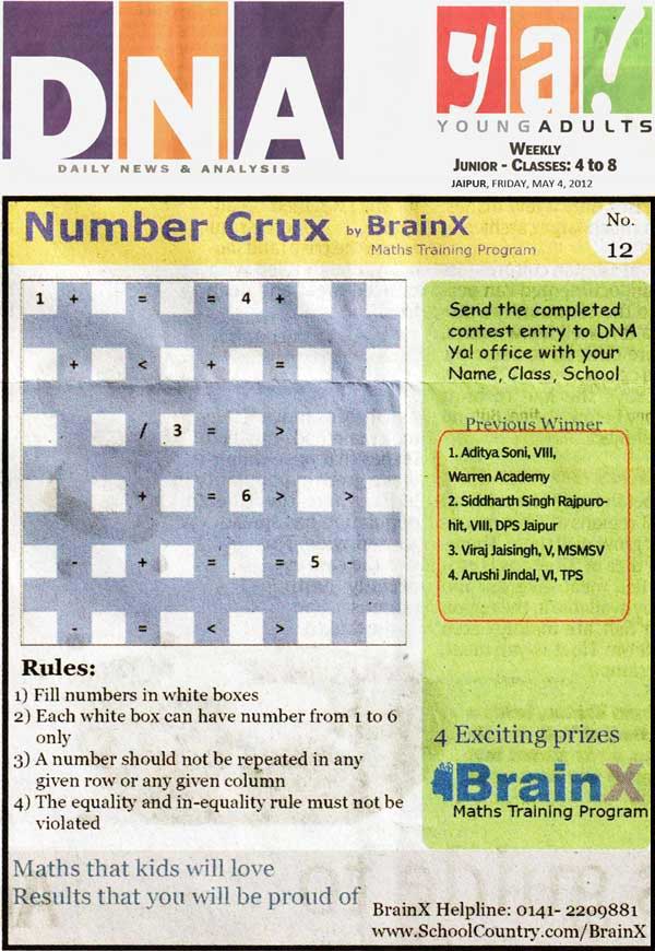Number Singh Contest by BrainX Math Training Program published in DNA Ya! on 4-05-2012.