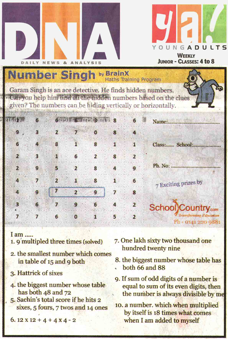 Number Singh Contest by BrainX Math Training Program published in DNA Ya! on 6-01-2012.