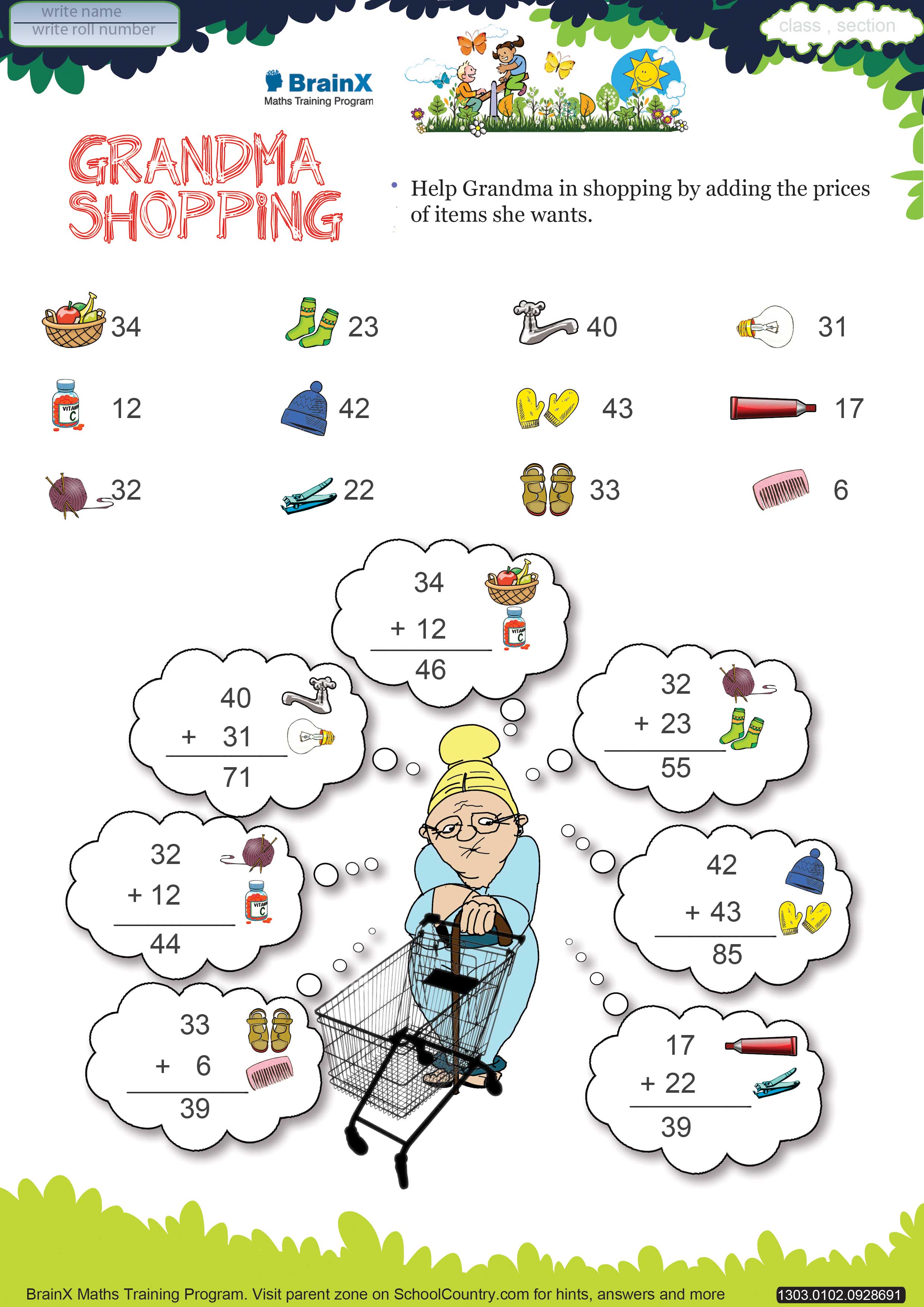 Printable Addition Math Olympiad Worksheets For Kids Of Grade 1 Grandma Shopping