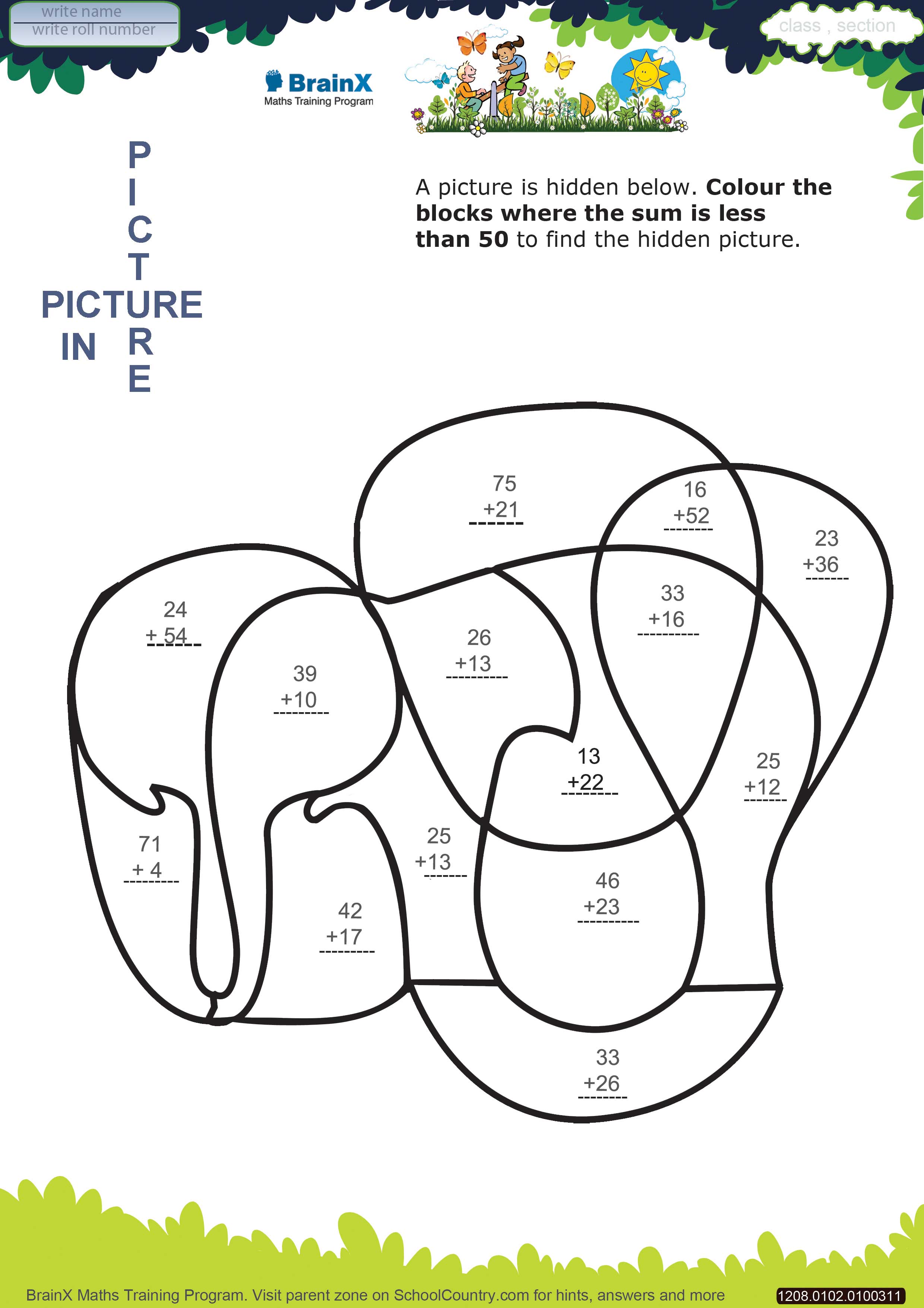 Printable Addition Math Olympiad Worksheets for kids of Grade 1 - Picture In Picture Elephant